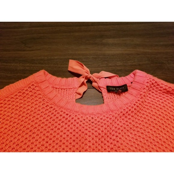 Ted Baker London Sweater Women Size 1 Coral Orange Knit Ribbon Bow Tie Aveleen - Picture 2 of 5